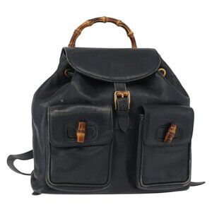 GUCCI Bamboo Backpack Leather Navy Gold 003 2058 0016 Auth 151451